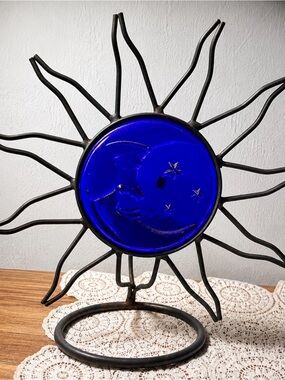 Vintage Whimsigoth Cobalt Blue Glass Sun & Moon Decorative Votive Candle Holder